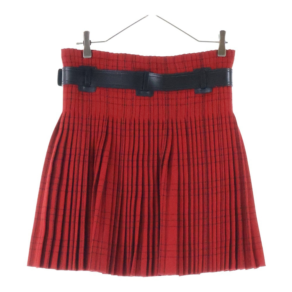 Christian Dior(クリスチャンディオール) ロゴ刺繍 チェック総柄 レザーベルト ウール プリーツ ミディアム ラップスカート レッド/ブラック レディース 851J29A1029