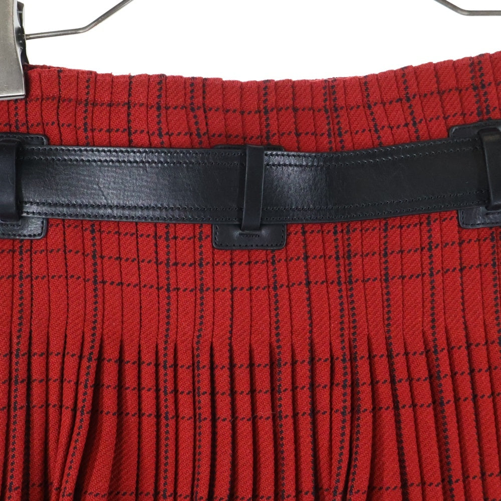 Christian Dior(クリスチャンディオール) ロゴ刺繍 チェック総柄 レザーベルト ウール プリーツ ミディアム ラップスカート レッド/ブラック レディース 851J29A1029