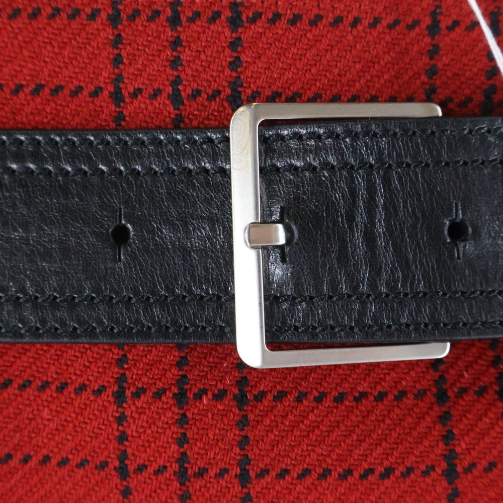 Christian Dior(クリスチャンディオール) ロゴ刺繍 チェック総柄 レザーベルト ウール プリーツ ミディアム ラップスカート レッド/ブラック レディース 851J29A1029