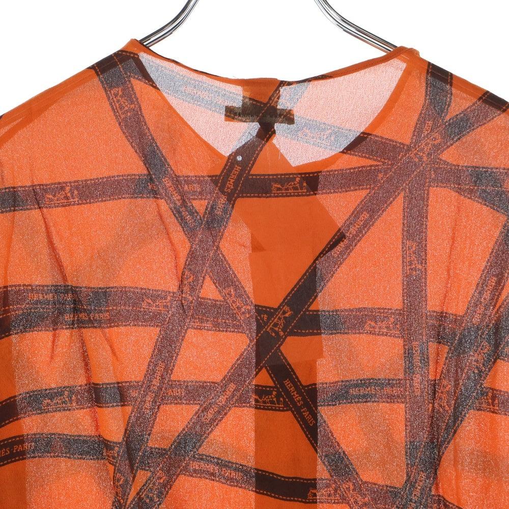 HERMES(エルメス) ボリュデュック リボン総柄 ロゴプリント シルク クルーネック 長袖シャツ ブラウス オレンジ レディース