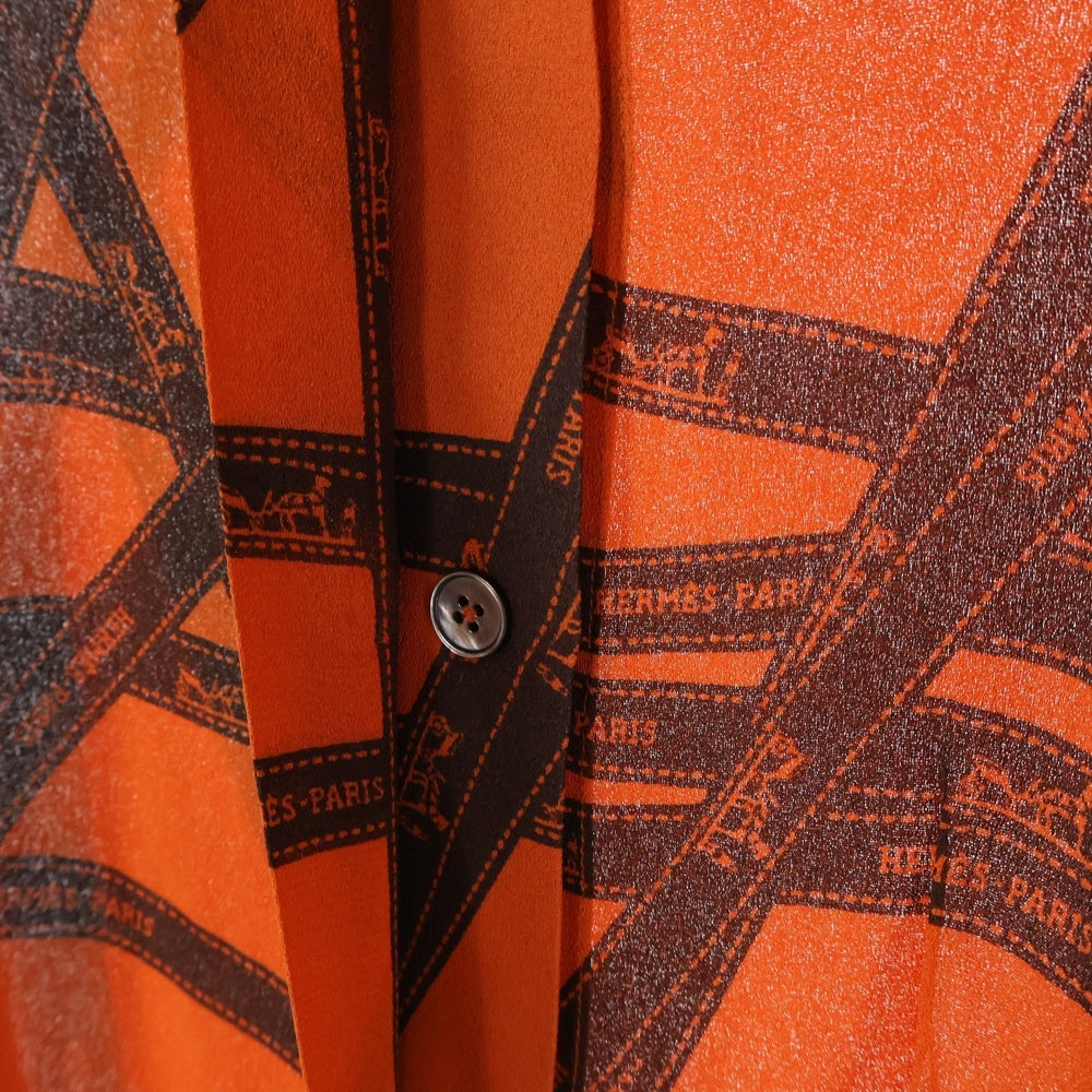 HERMES(エルメス) ボリュデュック リボン総柄 ロゴプリント シルク クルーネック 長袖シャツ ブラウス オレンジ レディース