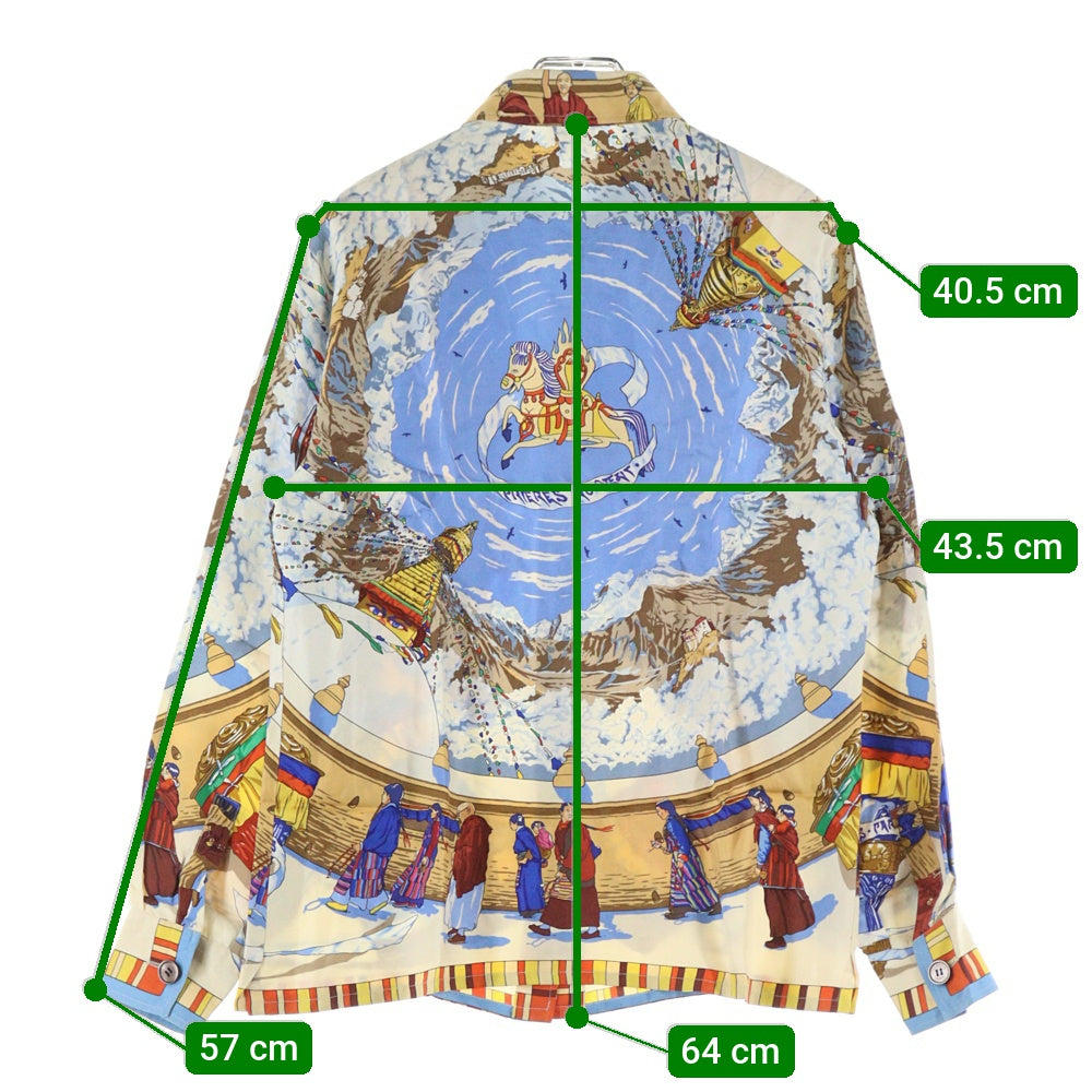 HERMES(エルメス) PRIERES AU VENT 風の中の祈り シルクスカーフ 総柄プリント 長袖シャツ マルチカラー ベージュ/ブルー レディース