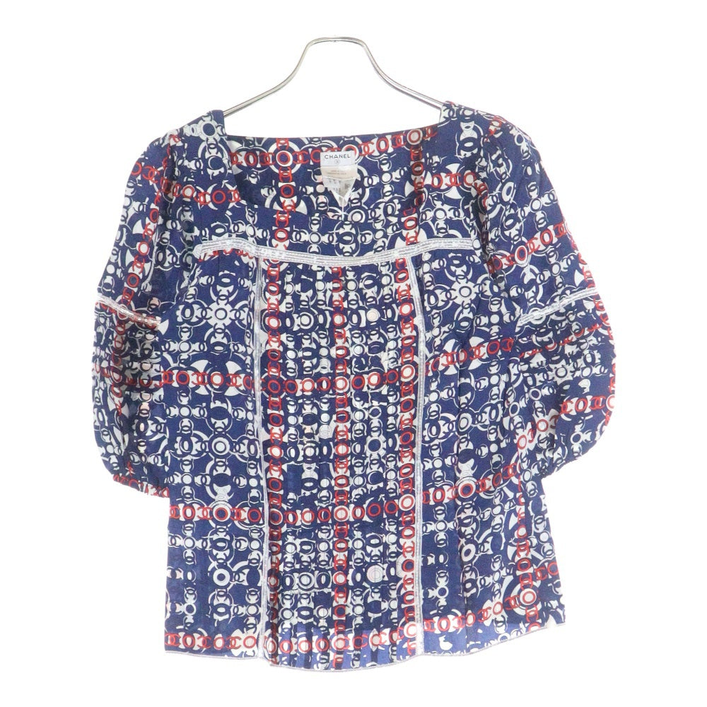 CHANEL(シャネル) 07AW ココマーク総柄プリント スクエアネック レース切り替え パフ ハーフスリーブ プルオーバーブラウス トップス ブルー/レッド レディース P319832V22160