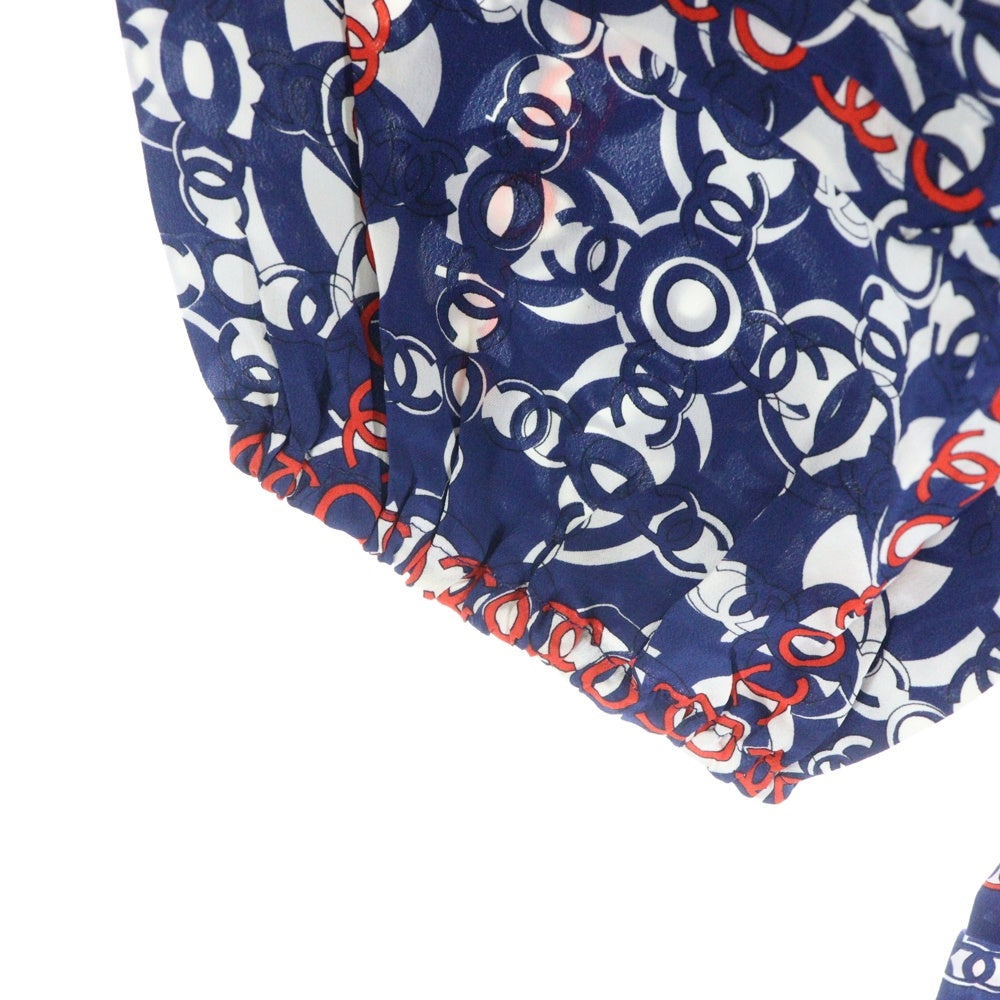 CHANEL(シャネル) 07AW ココマーク総柄プリント スクエアネック レース切り替え パフ ハーフスリーブ プルオーバーブラウス トップス ブルー/レッド レディース P319832V22160