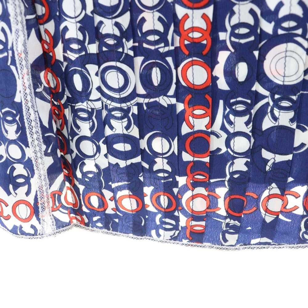 CHANEL(シャネル) 07AW ココマーク総柄プリント スクエアネック レース切り替え パフ ハーフスリーブ プルオーバーブラウス トップス ブルー/レッド レディース P319832V22160