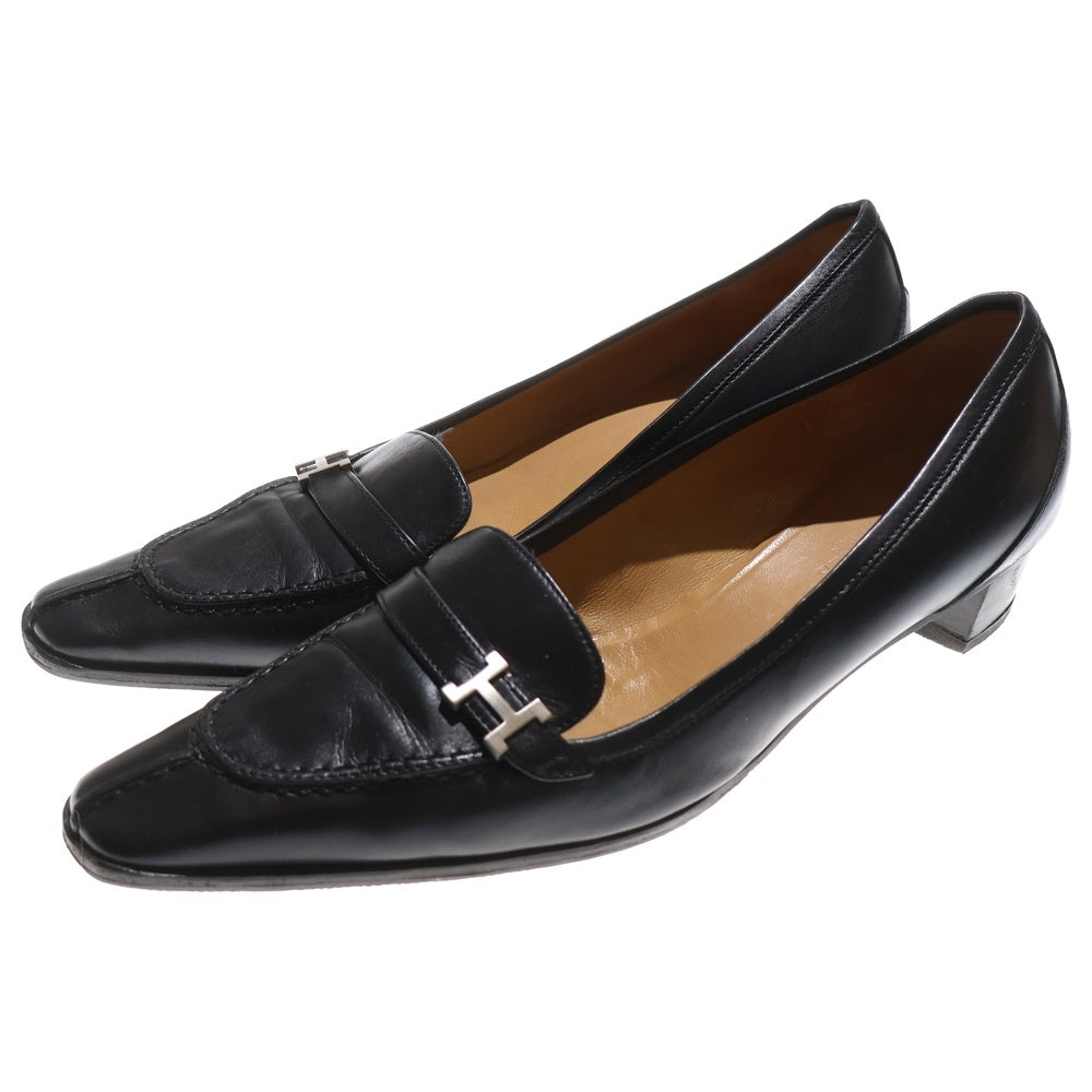 HERMES(エルメス) コンスタンス Hロゴプレート レザー ヒール パンプス シューズ シルバー金具 ブラック レディース