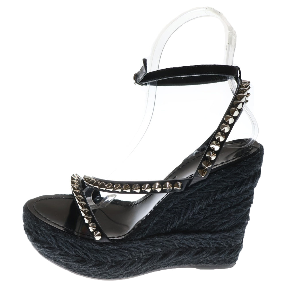CHRISTIAN LOUBOUTIN(クリスチャンルブタン) スパイクスタッズ レザー ウェッジソール エスパドリーユ ヒール ストラップサンダル ブラック