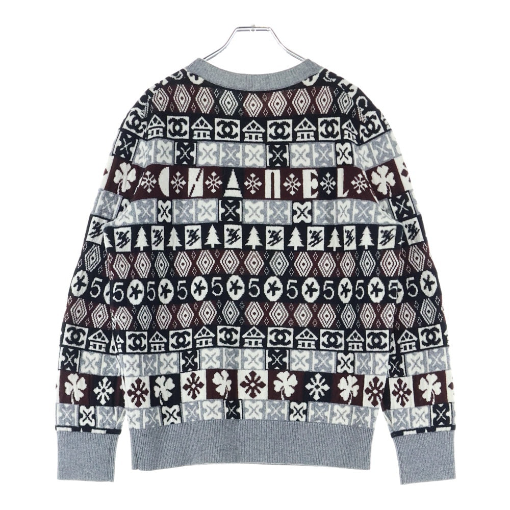 CHANEL(シャネル) ココマーク カシミヤ ノルディック柄 クルーネック プルオーバー 長袖ニット セーター グレー/ブラウン レディース P62184K47603