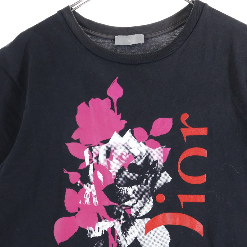 Dior HOMME(ディオールオム) 18SS ローズ 薔薇 フォトグラフィック ロゴプリント クルーネック 半袖Tシャツ カットソー ブラック 733J603I6312