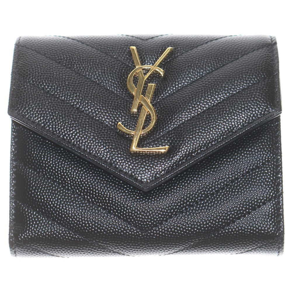 SAINT LAURENT PARIS(サンローランパリ) カサンドラ Vステッチ 3つ折り財布 コンパクトウォレット コインケース ブラック レザー ゴールド金具