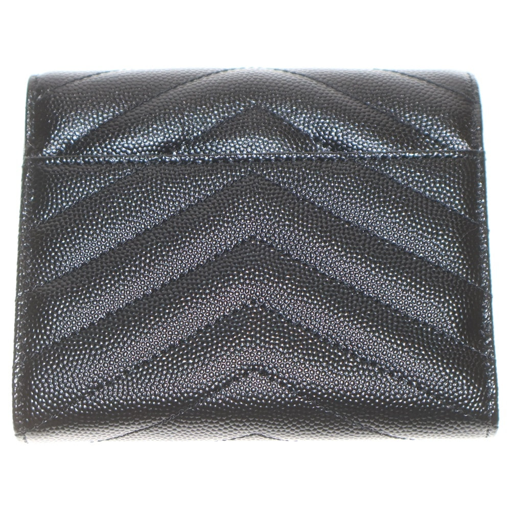 SAINT LAURENT PARIS(サンローランパリ) カサンドラ Vステッチ 3つ折り財布 コンパクトウォレット コインケース ブラック レザー ゴールド金具