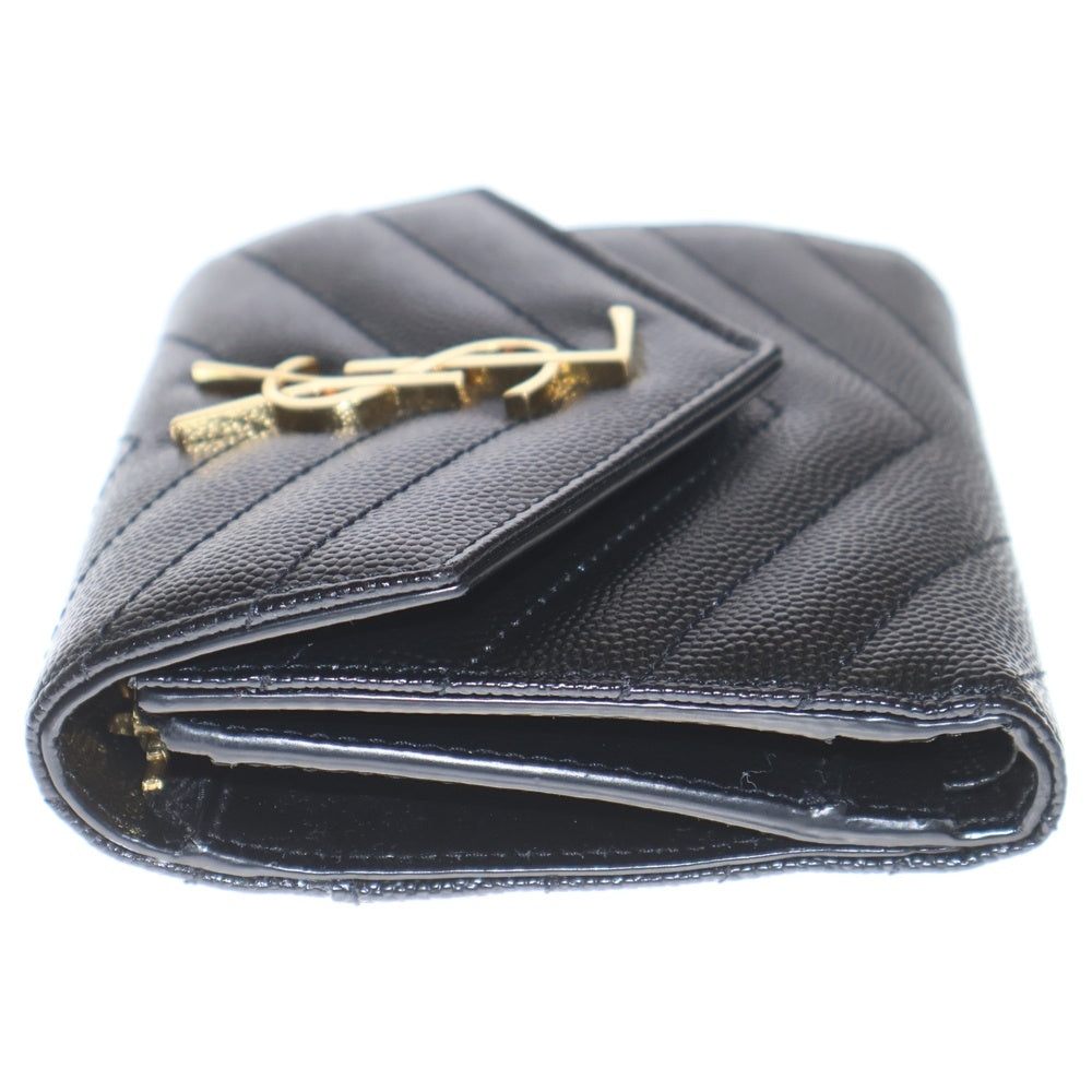 SAINT LAURENT PARIS(サンローランパリ) カサンドラ Vステッチ 3つ折り財布 コンパクトウォレット コインケース ブラック レザー ゴールド金具