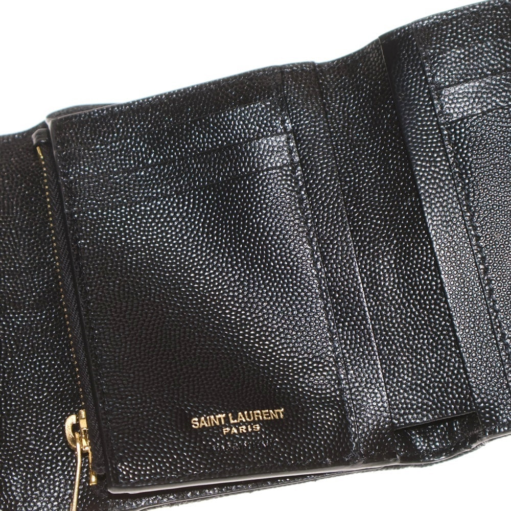 SAINT LAURENT PARIS(サンローランパリ) カサンドラ Vステッチ 3つ折り財布 コンパクトウォレット コインケース ブラック レザー ゴールド金具