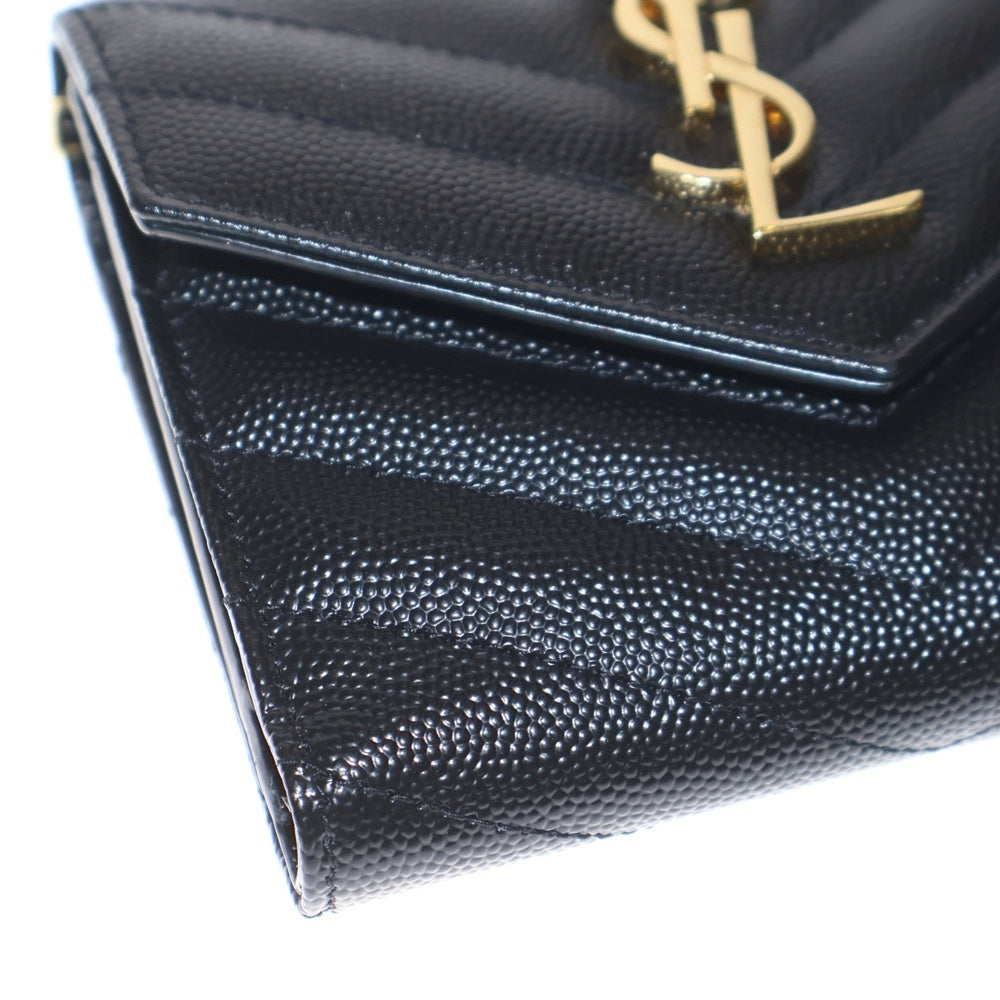 SAINT LAURENT PARIS(サンローランパリ) カサンドラ Vステッチ 3つ折り財布 コンパクトウォレット コインケース ブラック レザー ゴールド金具