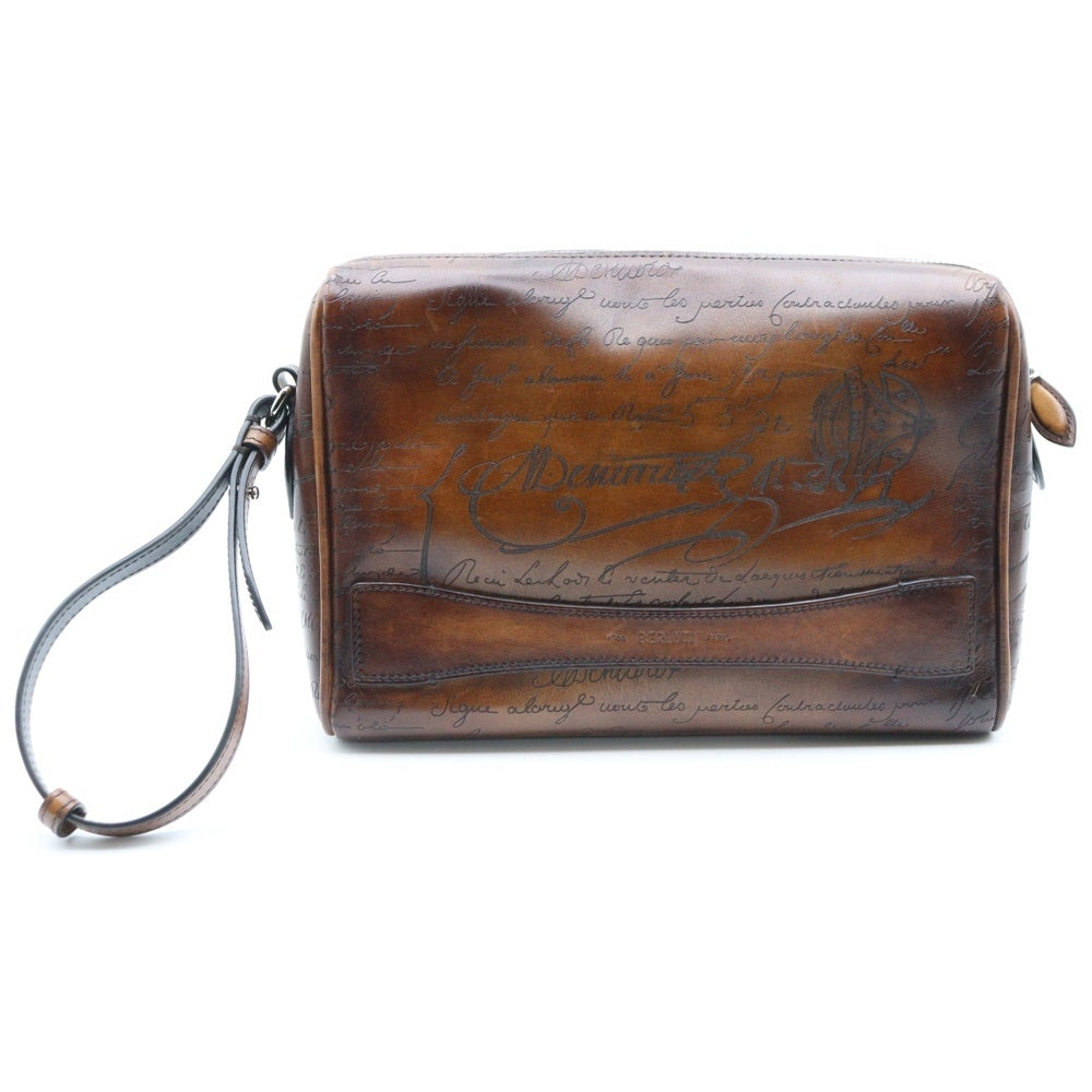 Berluti(ベルルッティ) ローズウッド スクリットレザー ポーチ クラッチバッグ ブラウン レザー