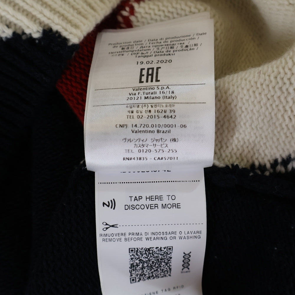 VALENTINO(ヴァレンティノ) ロゴ刺繍 トリコロールVジャガード クルーネック プルオーバー 長袖ニット セーター ネイビー/レッド UB3KC15Q5NE