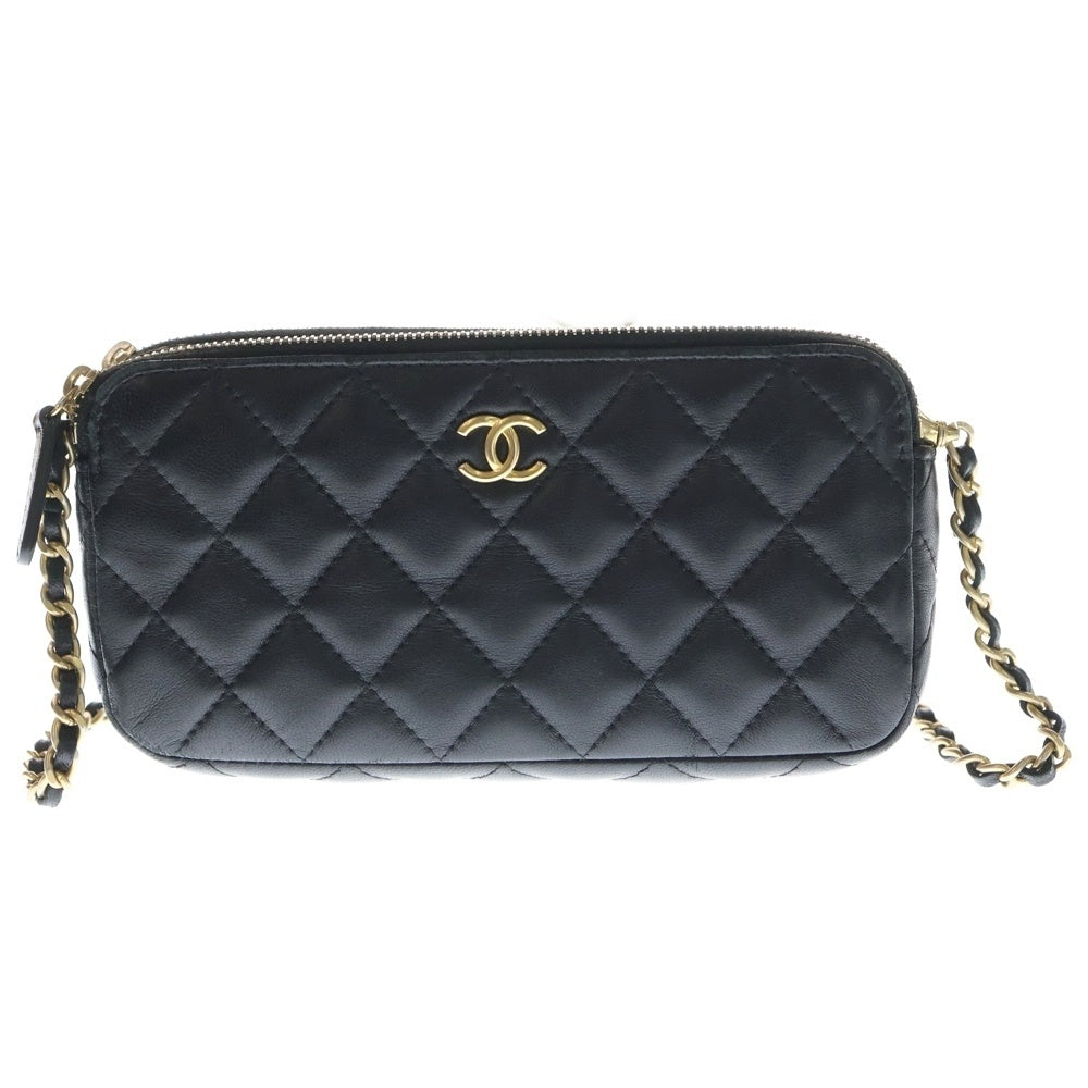 CHANEL(シャネル) マトラッセ ココマーク ラムスキン レザー チェーンショルダー バッグ ウォレット ゴールド金具 ブラック 20番台