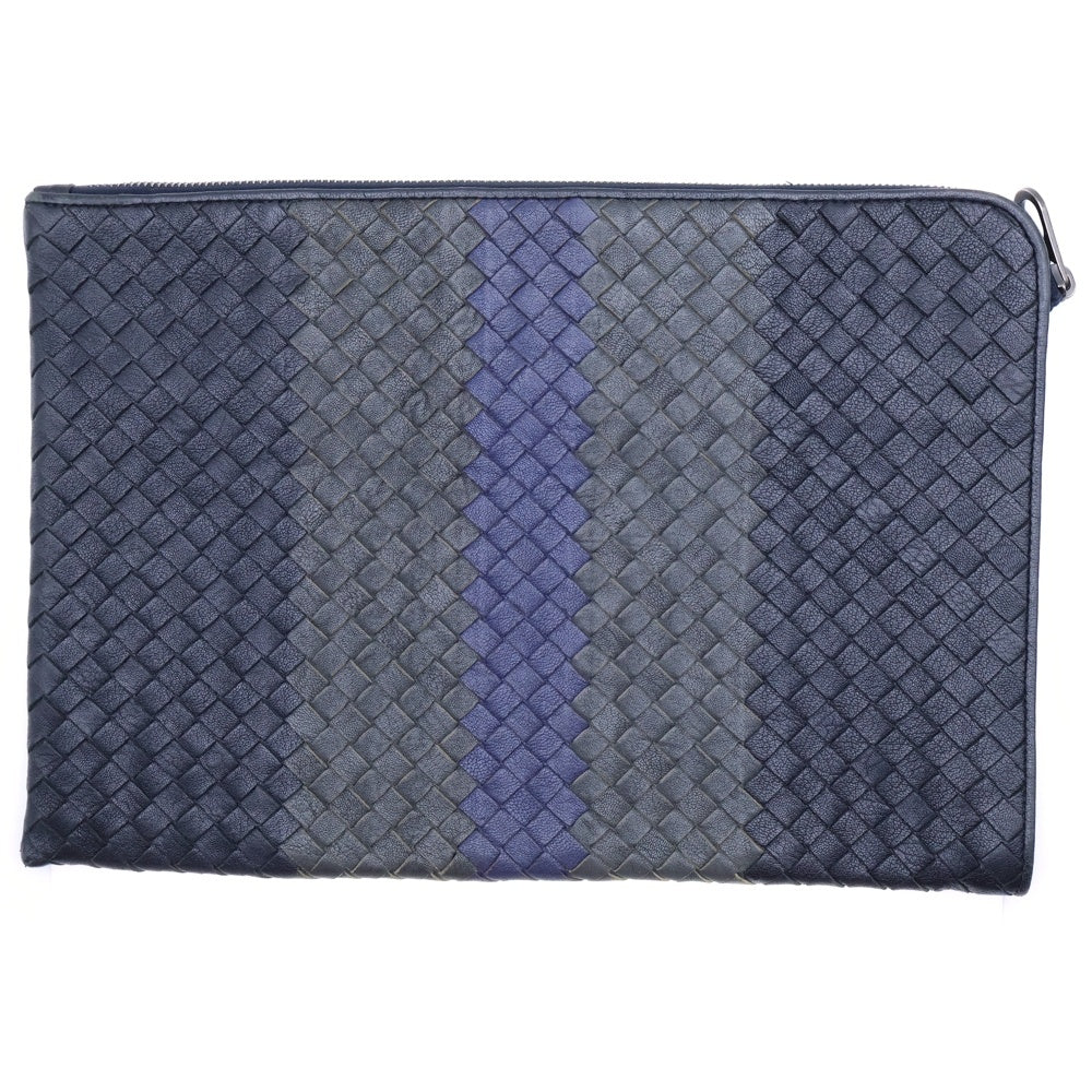 BOTTEGA VENETA(ボッテガヴェネタ) イントレチャート クラッチバッグ セカンドバッグ ケース ポーチ ブラック×ブルー×カーキ マルチカラー レザー シルバー金具