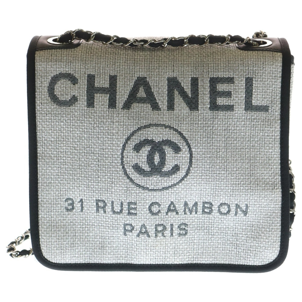 CHANEL(シャネル) ドーヴィル ココマーク ラフィア Wチェーンショルダーバッグ グレー SV金具