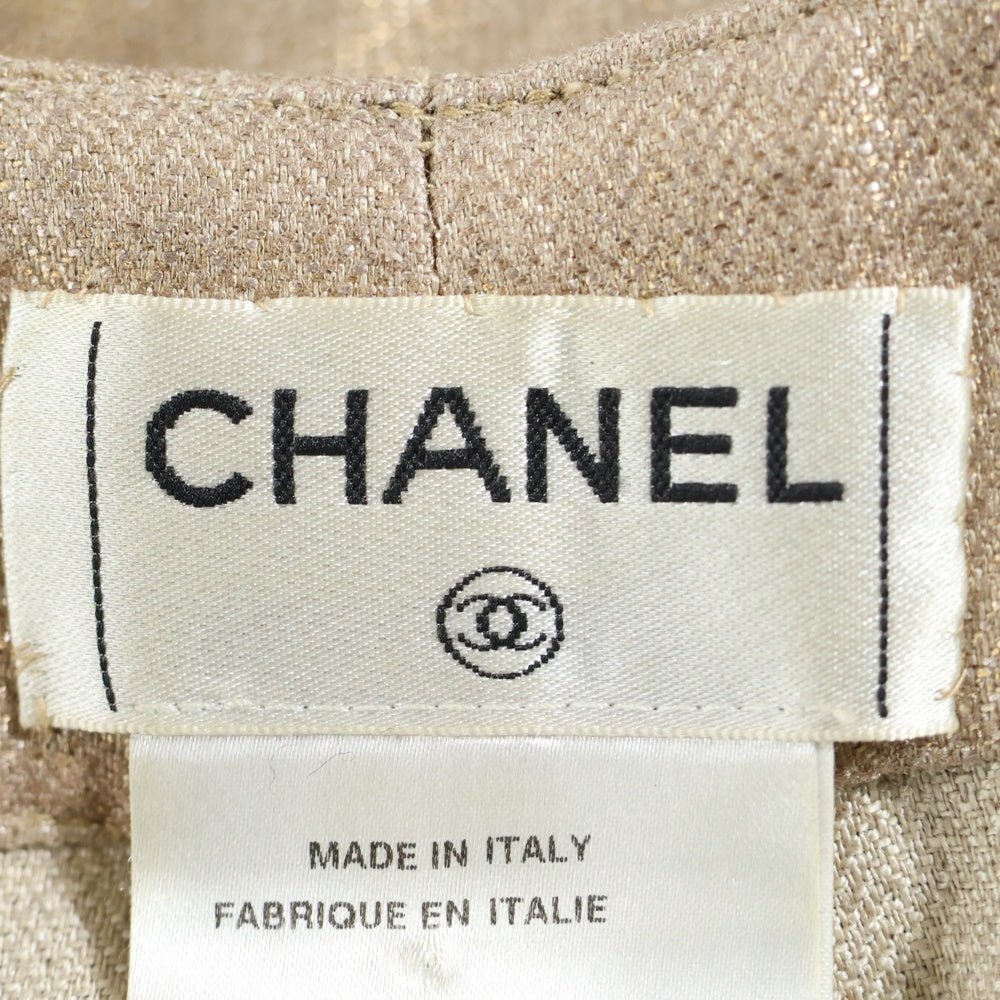 CHANEL(シャネル) 05P スプリングコレクション ココマークボタン シルク混 リネン ノータック セミフレア ブーツカット スラックスパンツ ゴールド レディース P26048V16390