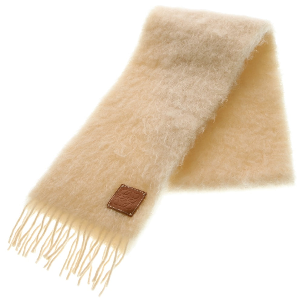 LOEWE(ロエベ) アナグラムロゴ レザーロゴパッチ モヘアニット フリンジ マフラー アイボリー レディース