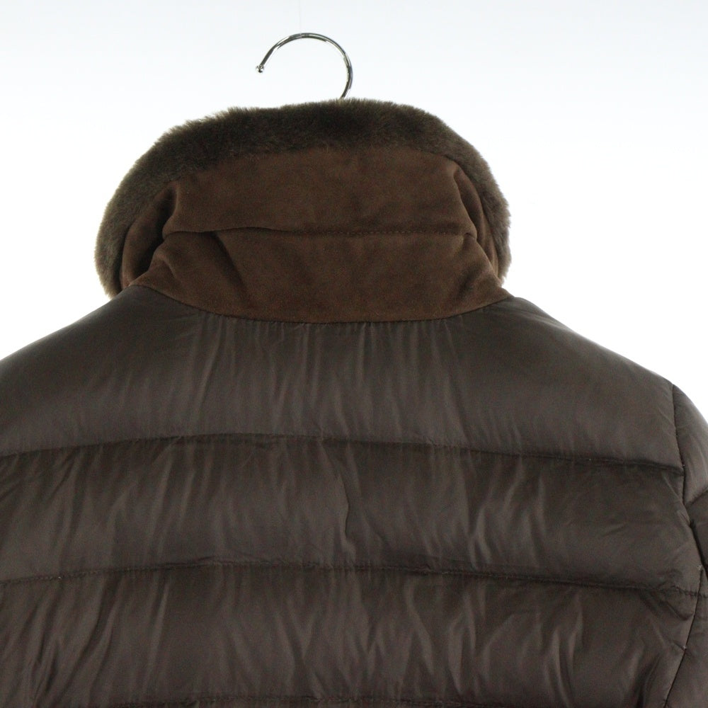 EMMETI(エンメティ) スエード ムートンレザー ボア切り替え ジップアップ ダウン ロング ジャケット コート ブラウン レディース