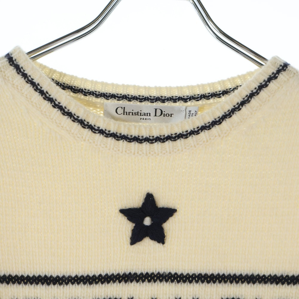 Christian Dior(クリスチャンディオール) ロゴジャガード カシミヤ混 ウール クルーネック プルオーバー 半袖ニット セーター アイボリー/ネイビー レディース 154S09AM305