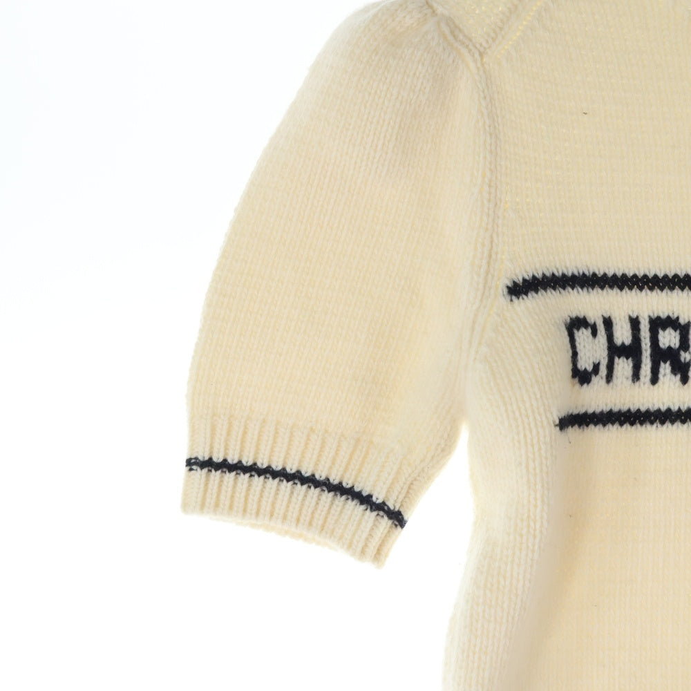 Christian Dior(クリスチャンディオール) ロゴジャガード カシミヤ混 ウール クルーネック プルオーバー 半袖ニット セーター アイボリー/ネイビー レディース 154S09AM305