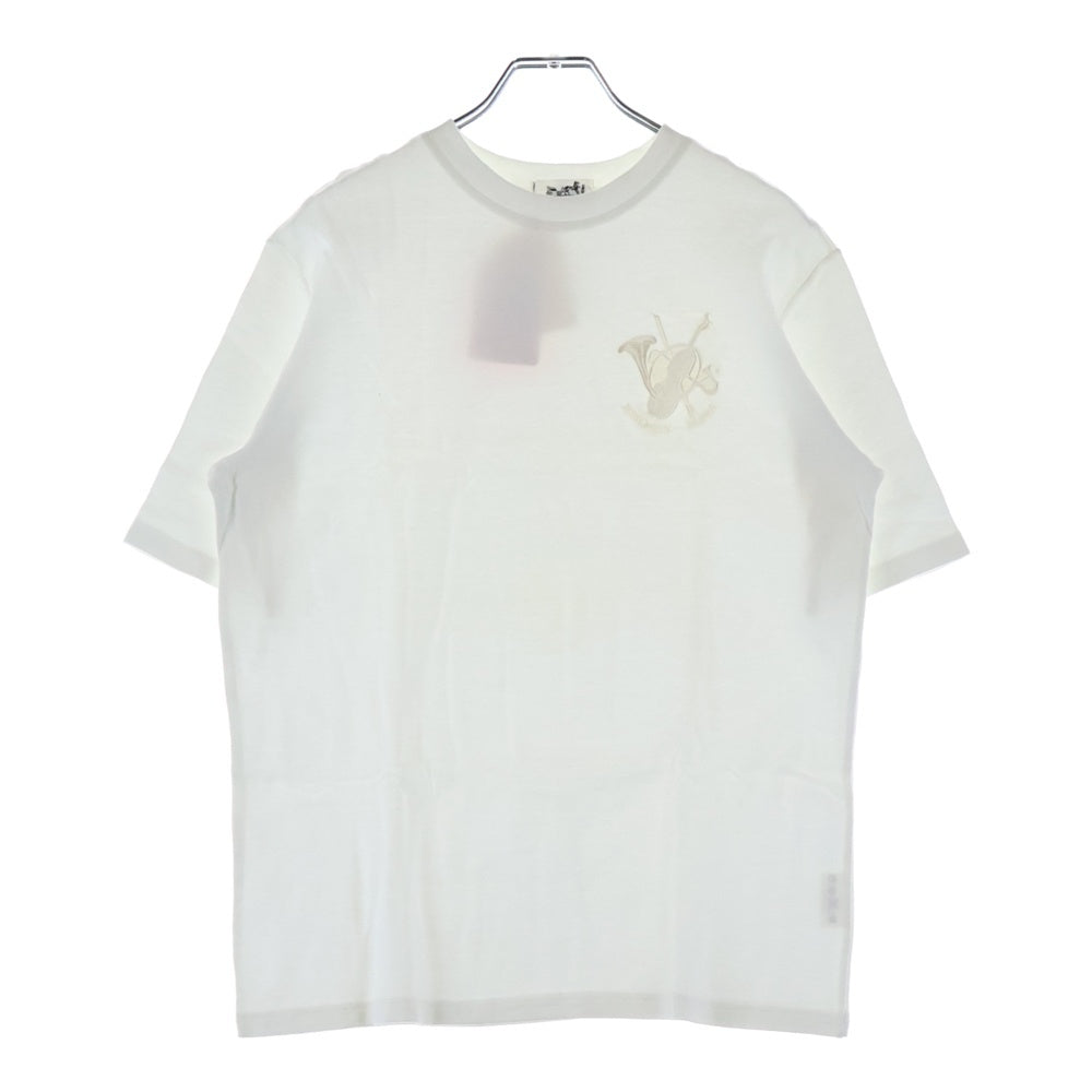 HERMES(エルメス) ロゴ刺繍 クルーネック 半袖Tシャツ カットソー ホワイト レディース