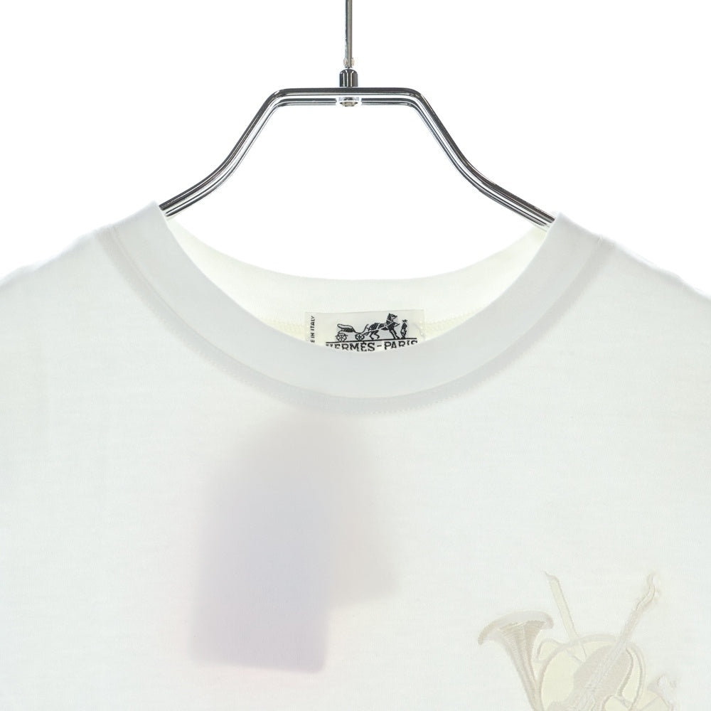 HERMES(エルメス) ロゴ刺繍 クルーネック 半袖Tシャツ カットソー ホワイト レディース