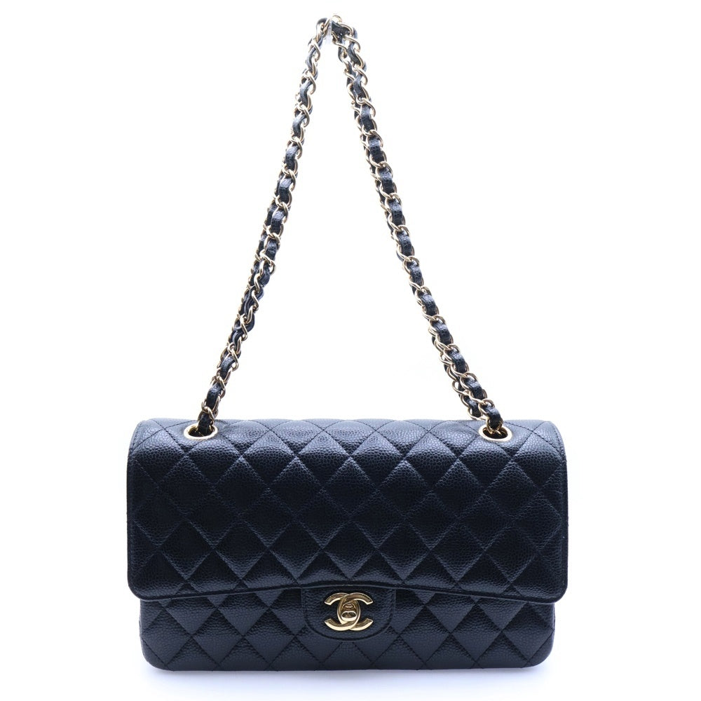 CHANEL(シャネル) マトラッセ25 ダブルフラップ ダブルチェーン ショルダーバッグ ブラック キャビアスキン ゴールド金具 プレート A01112 レディース