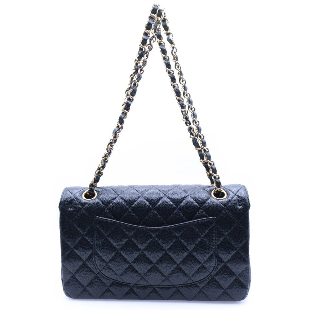 CHANEL(シャネル) マトラッセ25 ダブルフラップ ダブルチェーン ショルダーバッグ ブラック キャビアスキン ゴールド金具 プレート A01112 レディース