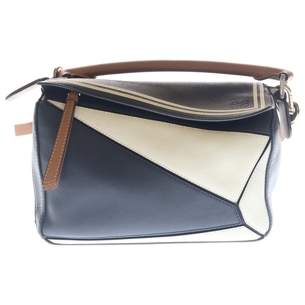 LOEWE(ロエベ) パズルバッグ スモール セーラー ネイビー×ホワイト×ブラウン レザー シルバー金具 レディース