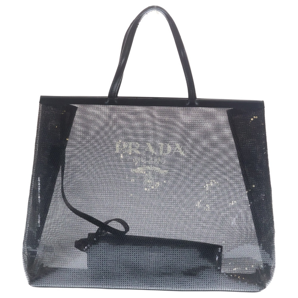 PRADA(プラダ) ロゴ トートバッグ ハンドバッグ スパンコール ブラック 1BG416 シルバー金具 レディース