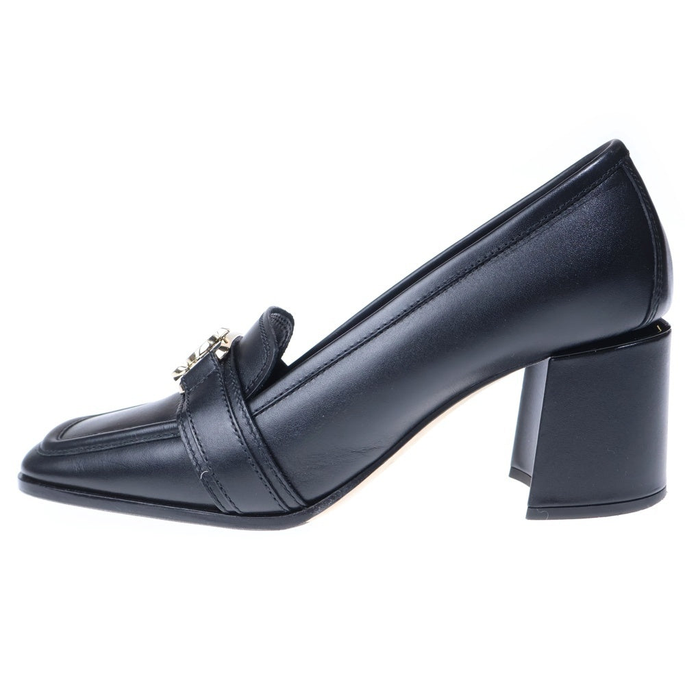 JIMMY CHOO(ジミーチュウ) JCロゴバックル レザー スクエアトゥ ヒール ローファー シューズ ブラック レディース