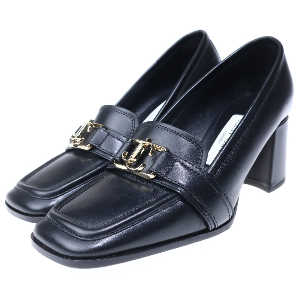 JIMMY CHOO(ジミーチュウ) JCロゴバックル レザー スクエアトゥ ヒール ローファー シューズ ブラック レディース