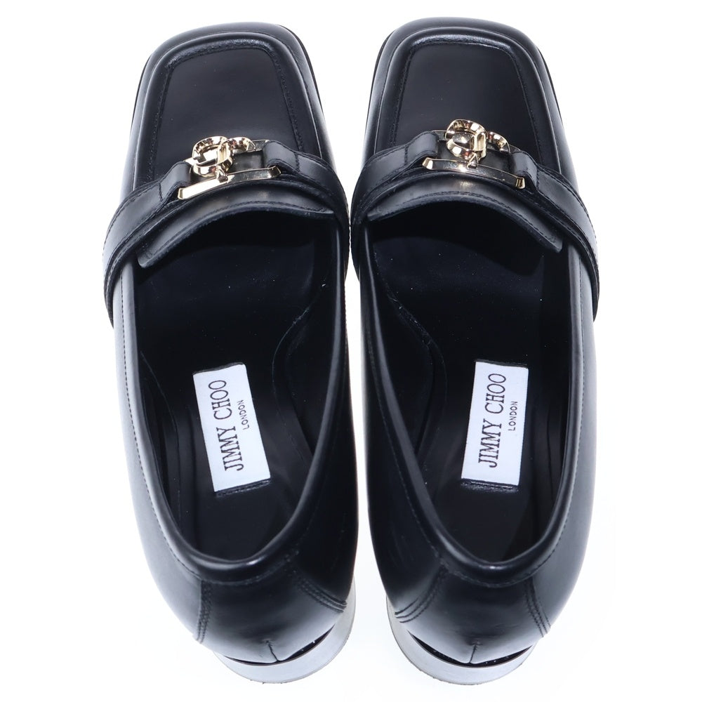 JIMMY CHOO(ジミーチュウ) JCロゴバックル レザー スクエアトゥ ヒール ローファー シューズ ブラック レディース