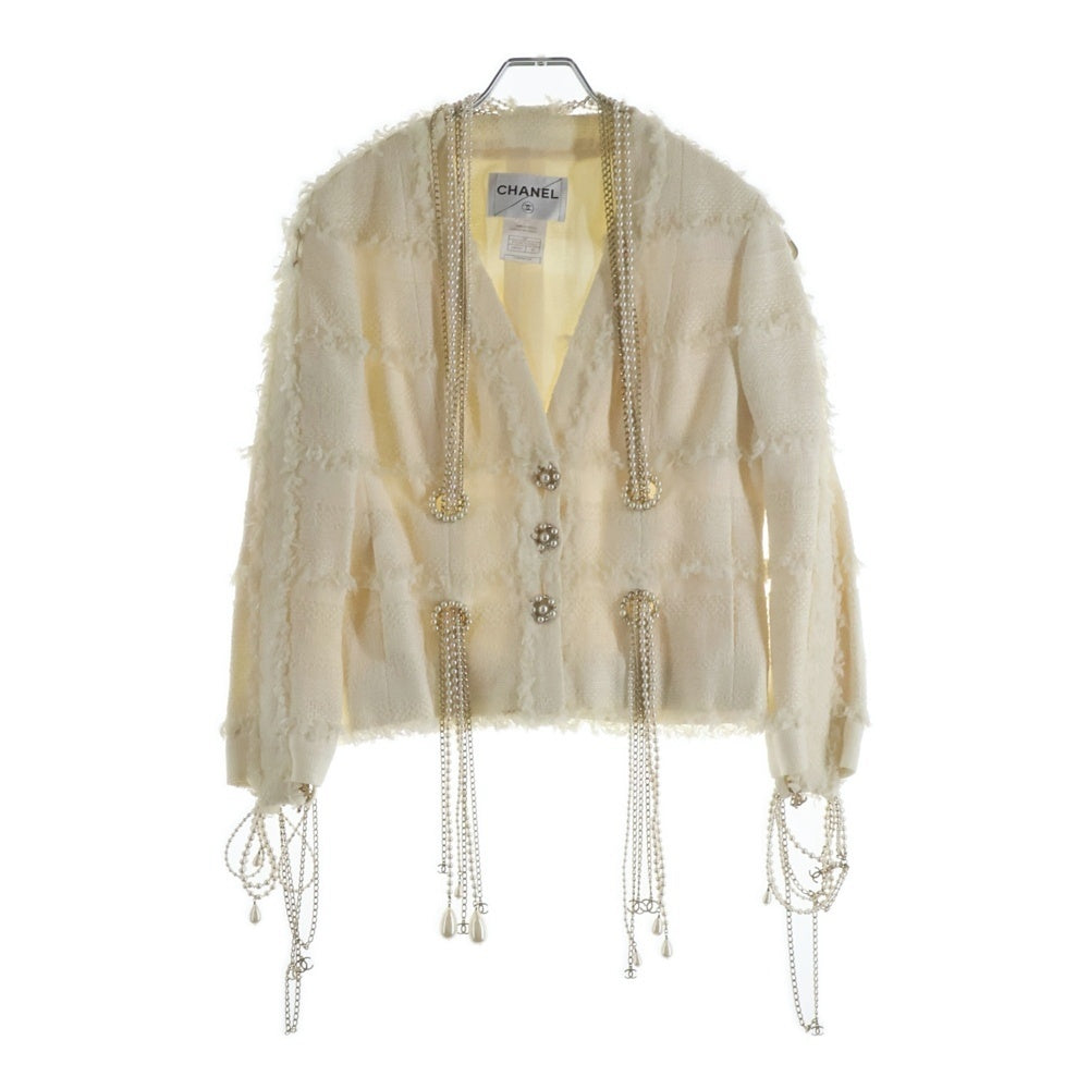 CHANEL(シャネル) 08P スプリングコレクション パールチェーン装飾 ウール混 ツイード ノーカラー ジャケット アイボリー レディース P32947V23062