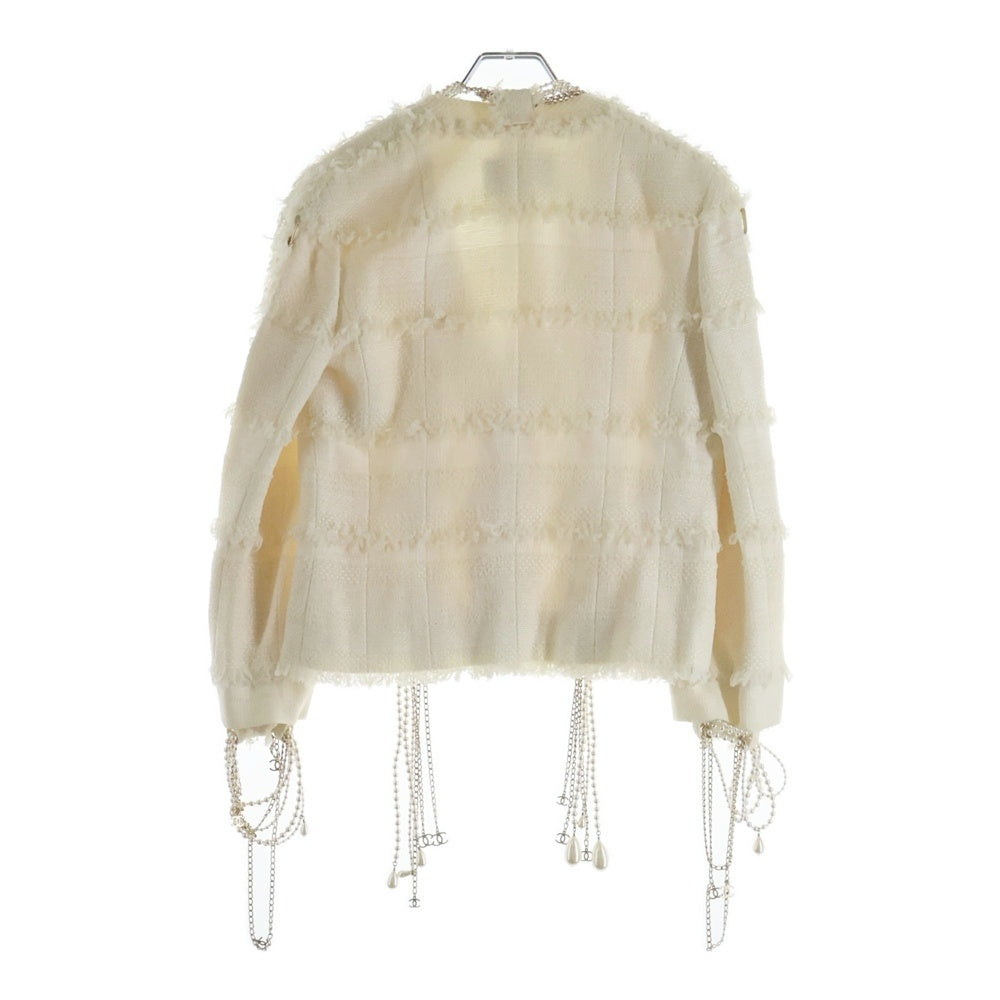 CHANEL(シャネル) 08P スプリングコレクション パールチェーン装飾 ウール混 ツイード ノーカラー ジャケット アイボリー レディース P32947V23062