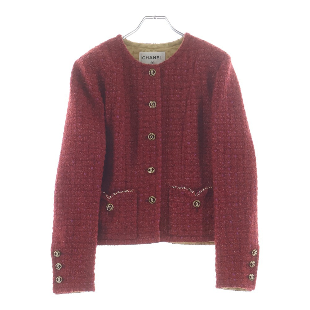 CHANEL(シャネル) ノーカラー ジャケット レッド ツイード 38 P75484V60450 レディース