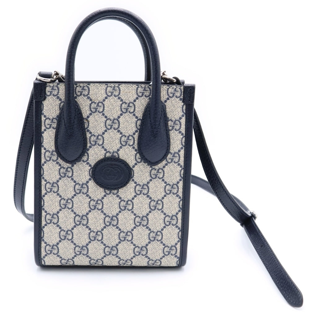 GUCCI(グッチ) インターロッキングG 2way ミニトートバッグ ショルダーバッグ ネイビー PVC×レザー 671623 シルバー金具 レディース