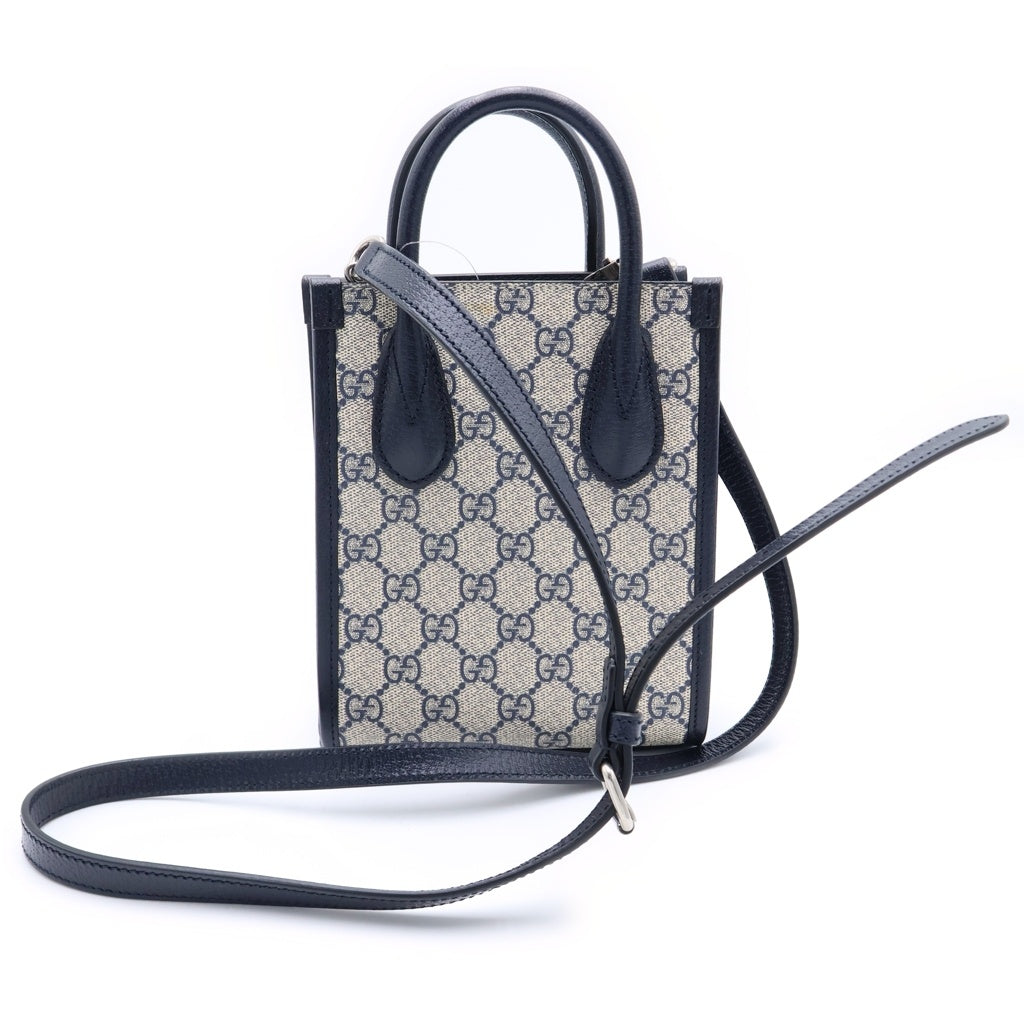 GUCCI(グッチ) インターロッキングG 2way ミニトートバッグ ショルダーバッグ ネイビー PVC×レザー 671623 シルバー金具 レディース