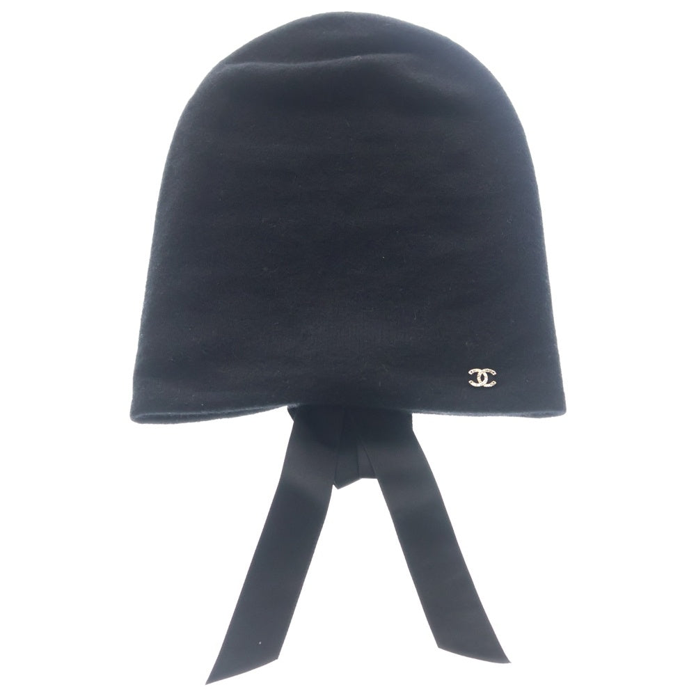 CHANEL(シャネル) ココマーク リボン カシミヤ ビーニー 帽子 ニット帽 ブラック AAB217-B21295-94305 ゴールド金具 レディース