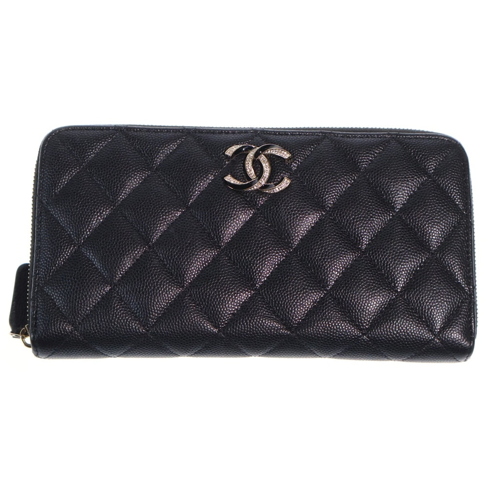 CHANEL(シャネル) ラインストーンココマーク キルティング ラウンドファスナー長財布 ロングウォレット カードケース ブラック キャビアスキン ゴールド金具 レディース