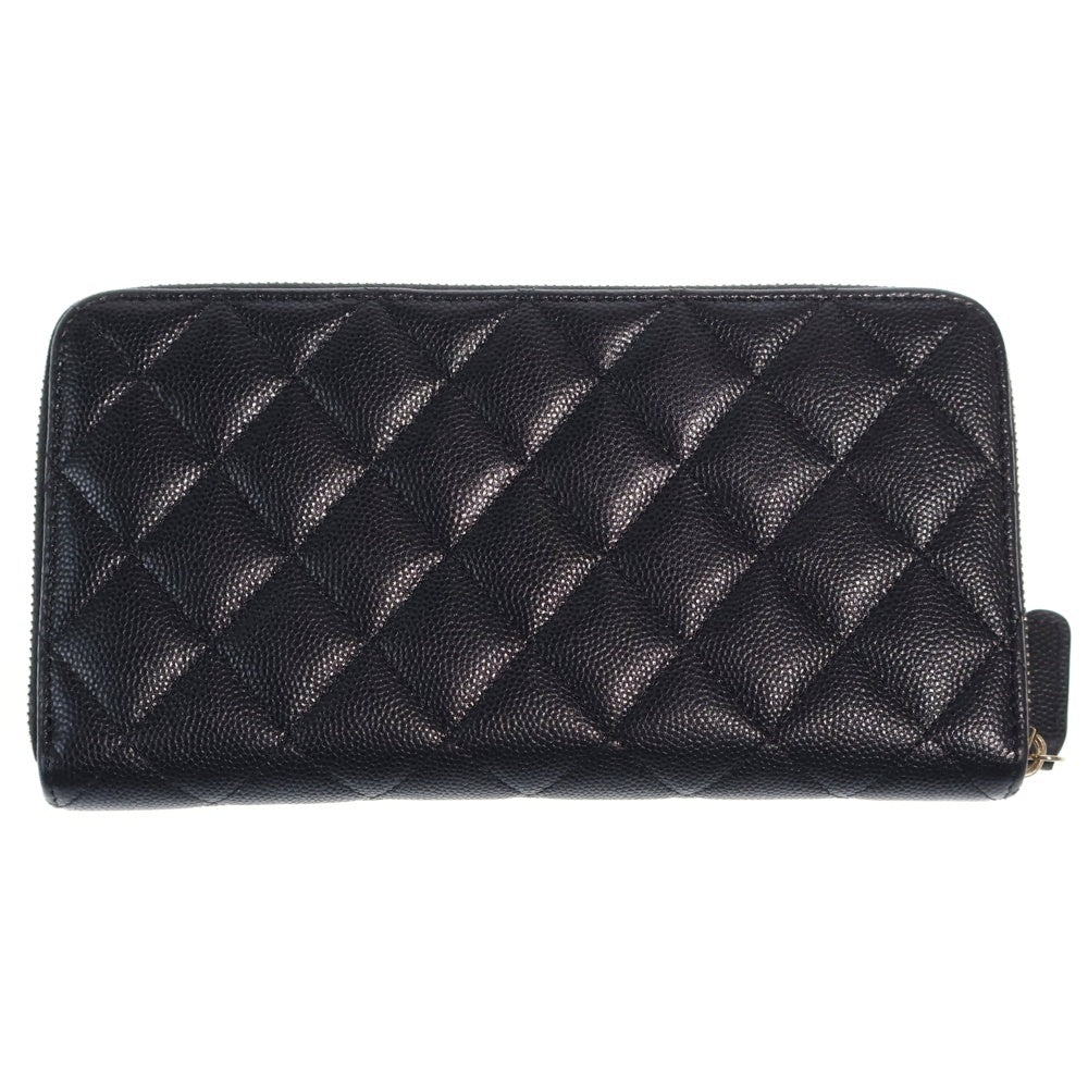 CHANEL(シャネル) ラインストーンココマーク キルティング ラウンドファスナー長財布 ロングウォレット カードケース ブラック キャビアスキン ゴールド金具 レディース