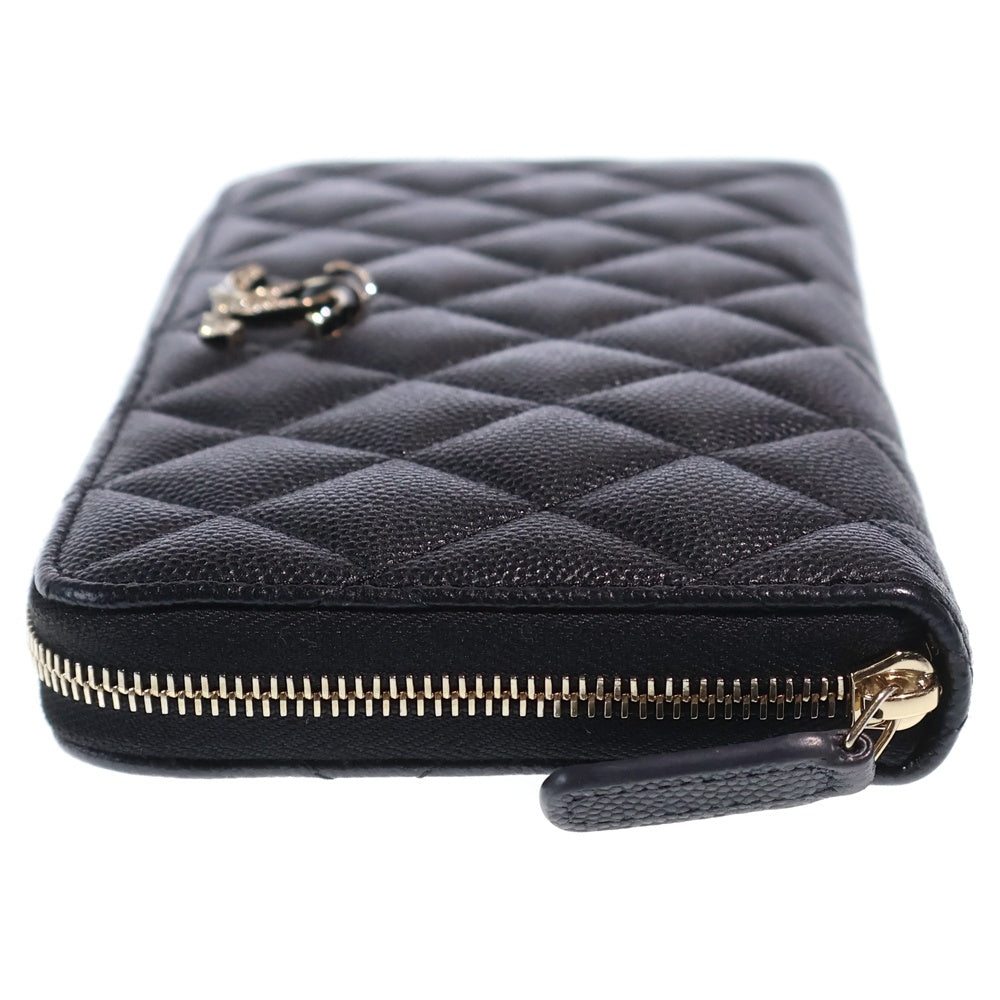 CHANEL(シャネル) ラインストーンココマーク キルティング ラウンドファスナー長財布 ロングウォレット カードケース ブラック キャビアスキン ゴールド金具 レディース