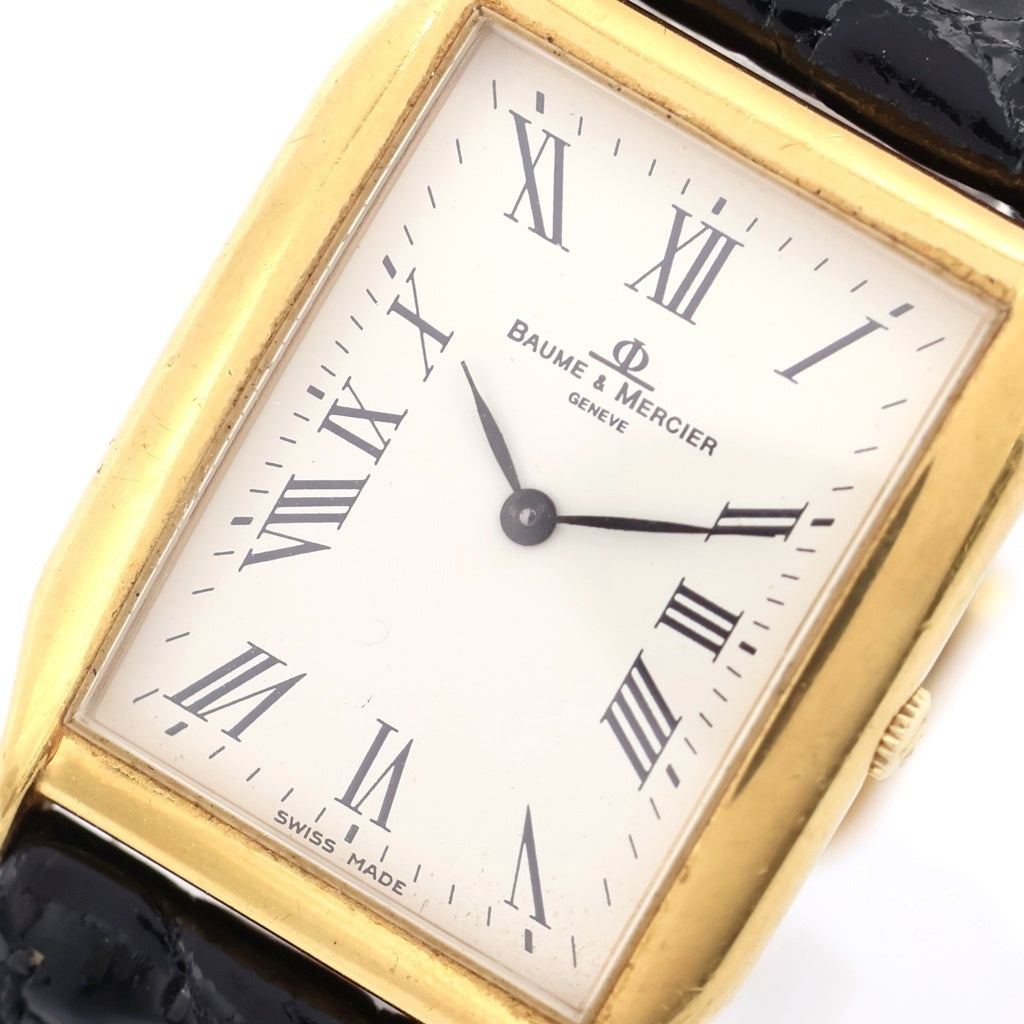 BAUME&MERCIER(ボームアンドメルシェ) レクタンギュラー 白文字盤 18KYG×社外レザー/QZ イエローゴールド クォーツ 電池式 腕時計 17605 レディース
