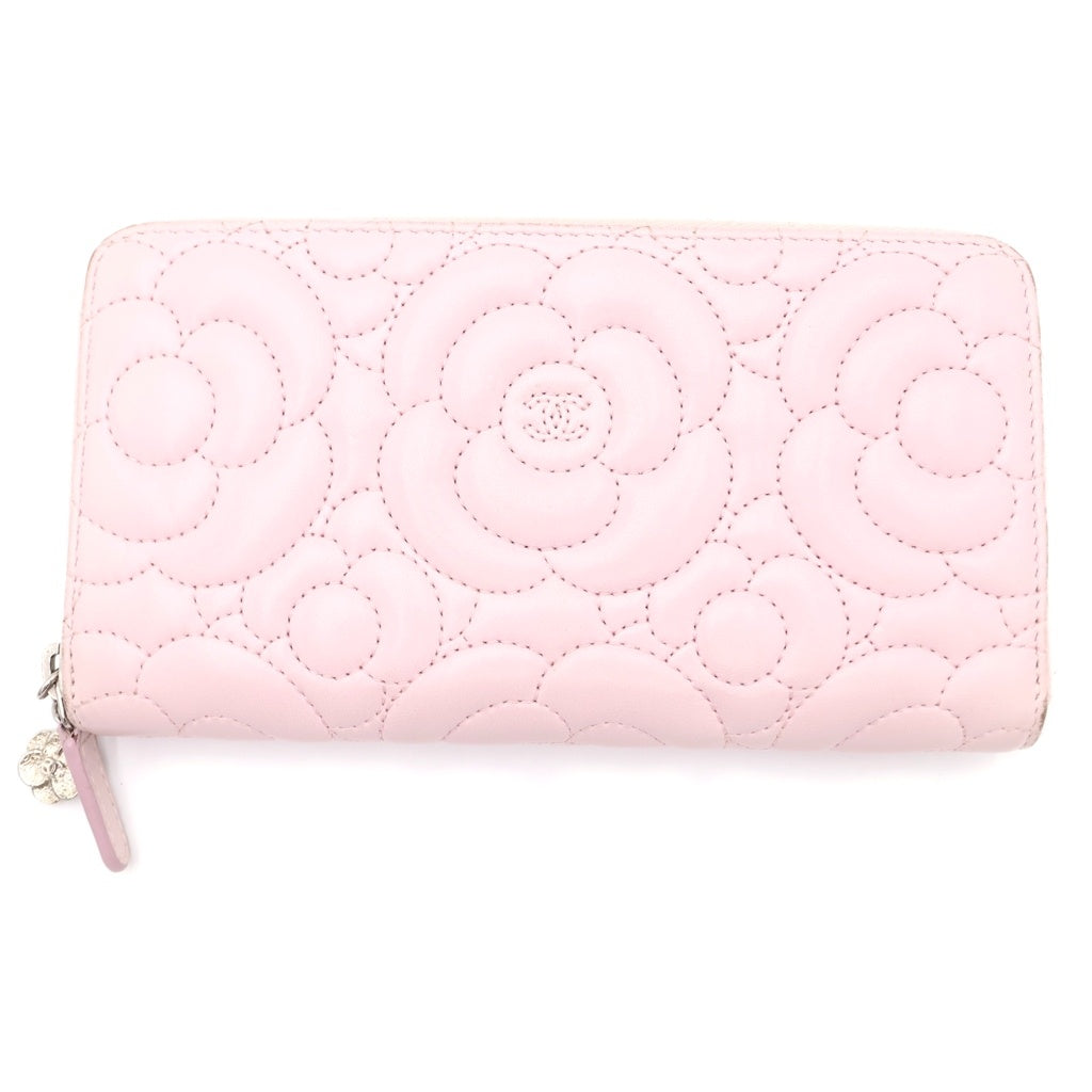 CHANEL(シャネル) カメリア ラウンドファスナー ロングウォレット カードケース ライトピンク ラムスキン シルバー金具 レディース