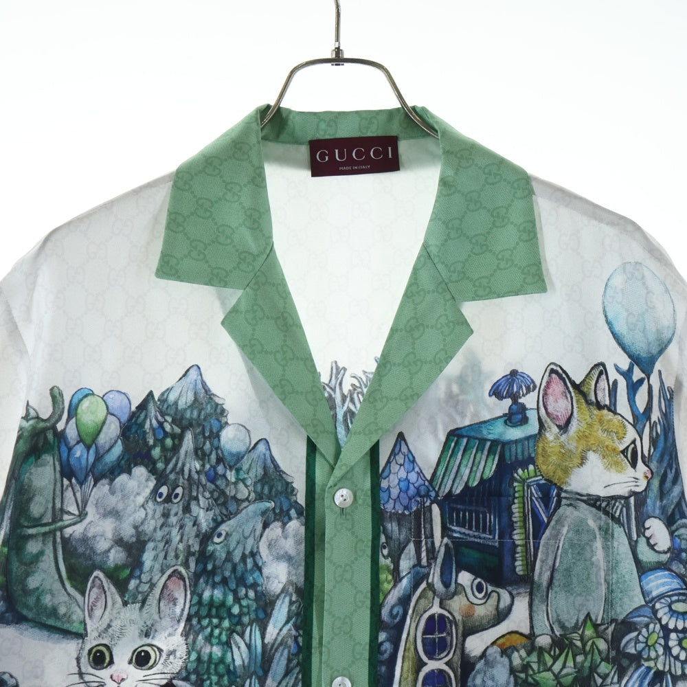 GUCCI(グッチ) 25AW ×ヒグチユウコ GG総柄 グラフィックプリント シルク 半袖 オープンカラーシャツ グリーン/グレー 864048