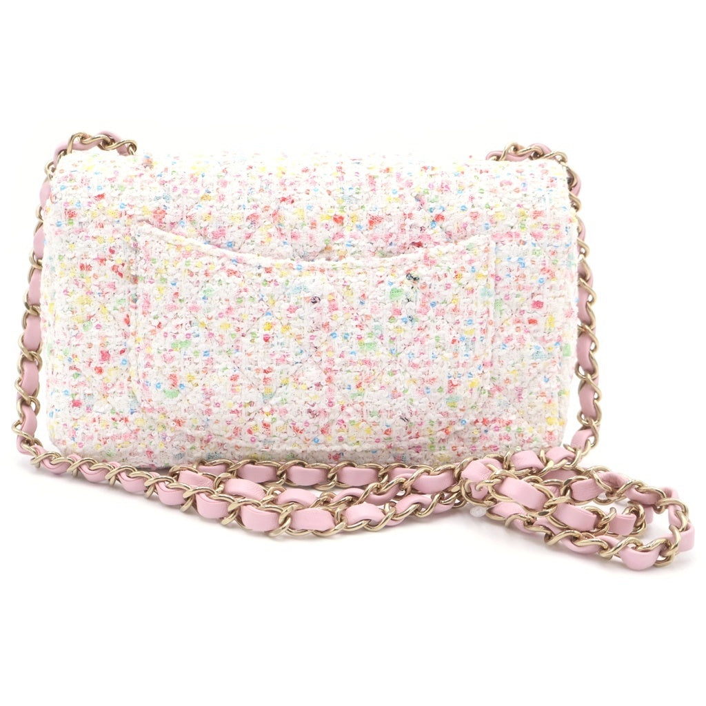 CHANEL(シャネル) ミニマトラッセ 20 ツイード スパンコール チェーンショルダーバッグ ゴールド金具 ホワイト/ピンク プレート レディース